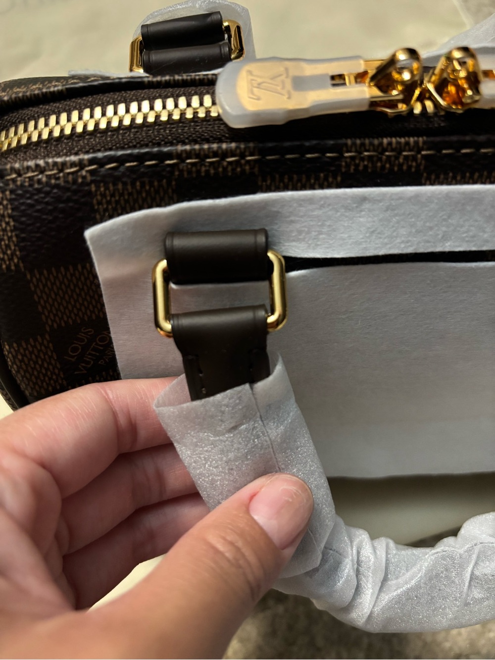 Brown Checkered Mini Top-Handle Bag with Gold Hardware - Picture 7 of 8